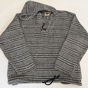 Vintage Earth Ragz XL Baja Hoodie Black and White Knit Mexican Poncho Sweater